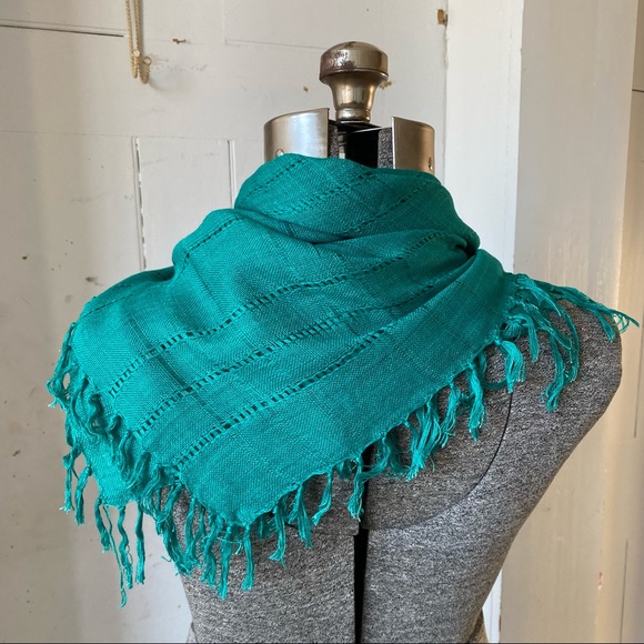 Turquoise Openwork Fringe Rayon Rectangle Scarf - Picture 2 of 11